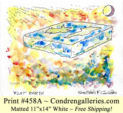 Flat earth 458A square platter with corners pen & ink with watercolor drawing by artist Stephen Condren.