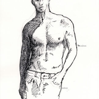 Shirtless male 459A pen & ink gay figure drawing of supermodel Matt Qualley with sexy 6-pack, fit abs, and muscular physique.