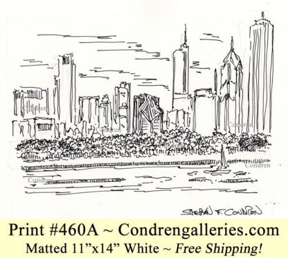 Chicago skyline 460A pen & ink cityscape drawing by of downtown Grant Park, and the Loop by artist Stephen Condren.