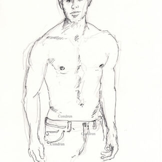 Shirtless male 461A pen & ink gay figure drawing of supermodel Matt Qualley with sexy 6-pack, fit abs, and muscular physique.