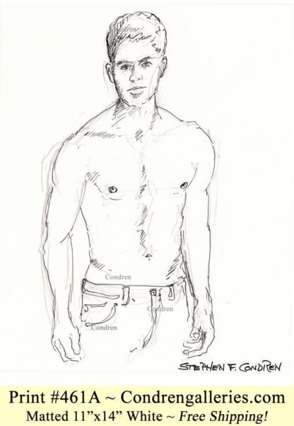 Shirtless male 461A pen & ink gay figure drawing of supermodel Matt Qualley with sexy 6-pack, fit abs, and muscular physique.