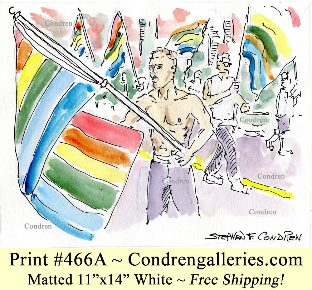Gay Pride Parade 466A pen & ink watercolor figure drawing, with hot dude waving rainbow flag.
