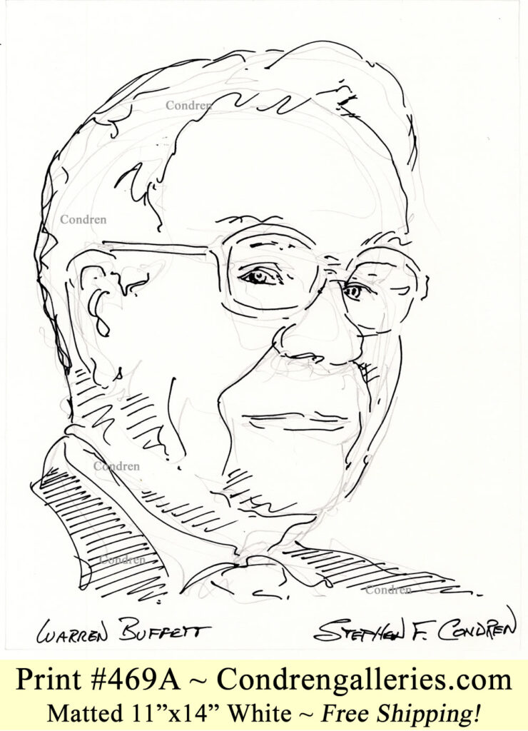 Warren Buffett 469A pen & ink celebrity portrait drawing by Stephen Condren.
