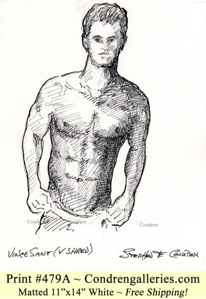V Shred 479A Shirtless male pen & ink drawing of nutritionist and body builder Vince Sant with fit body, tight abs, and hot 6-pack.