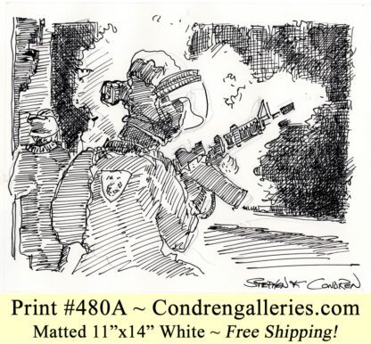 War scene 481A between Israel and Hamas pen & ink historic drawing by artist Stephen Condren.