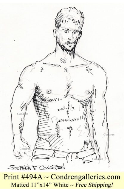Dominique Surquin 494A pen & ink gay shirtless male torso with 6-pack and abs.