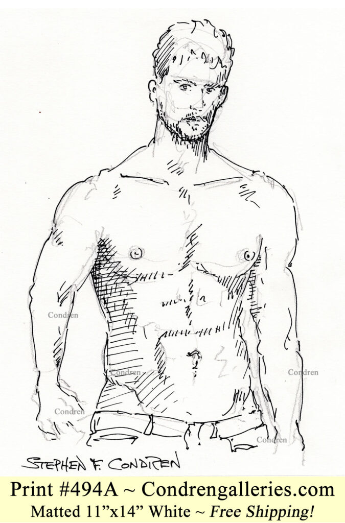 Dominique Surquin 494A shirtless male torso with 6-pack pen & ink figure drawing.