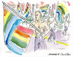 Gay Pride Parade 466A pen & ink watercolor figure drawing, with hot dude waving rainbow flag.