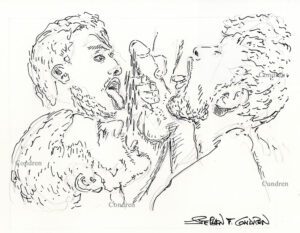 Gay male orgy with men and boys in a cluster fuck, pen & ink drawing. 