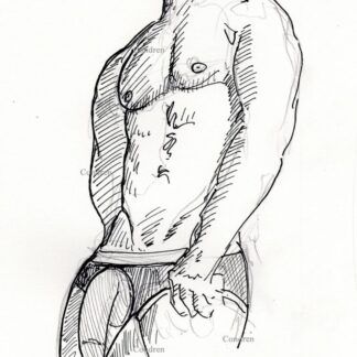 Shirtless gay male 490A with penis bulging in his kit see-through briefs pen & ink drawing by Stephen Condren.
