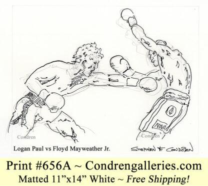 Logan Paul 656A vs Floyd Mayweather Jr. to a boxing match pen & ink celebrity drawing.