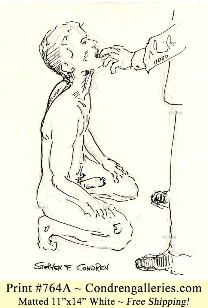Hot nude boy 764Z on his knees before his master with a hardon penis pen & ink gay figure drawing.