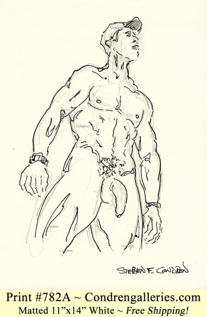 Nude male standing 782A with large uncut penis, fit torso, abs, and sexy 6-pack pen & ink gay figure drawing.