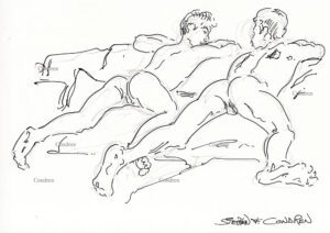 Two naked brothers showing off their asses. Gay male pen & ink figure drawing. Cock sucking men. 
