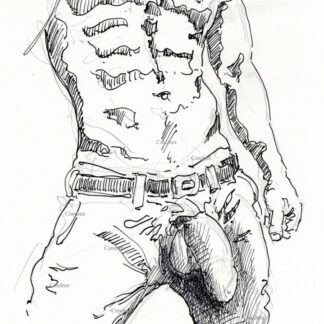 Shirtless male pen & ink gay figure drawing with large cock hanging out of his pants showing his fit torso, abs, and sexy 6-pack.