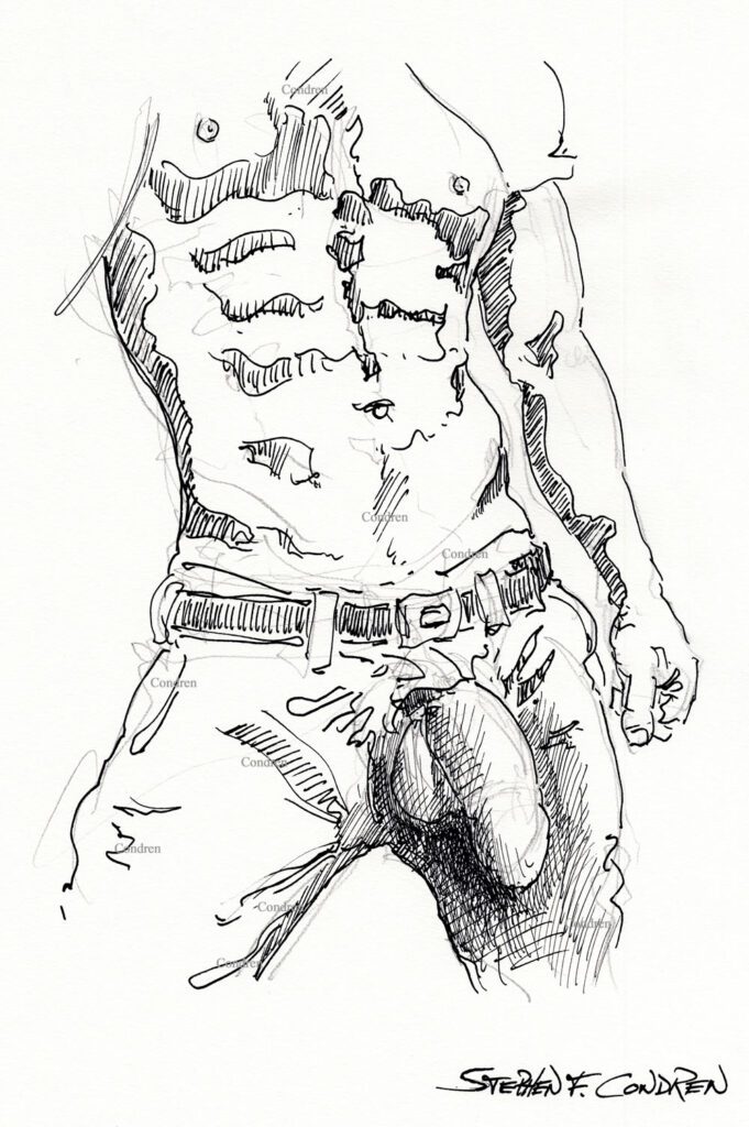Shirtless male pen & ink gay figure drawing with large cock hanging out of his pants showing his fit torso, abs, and sexy 6-pack. Shirtless man caught jacking off. 