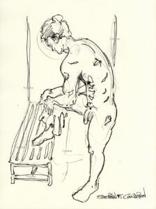 Gay naked male drying with a towel. Pen & ink figure drawing. He has a muscular body and a chiseled torso with a 6-pack set of abs and firm pecs. 