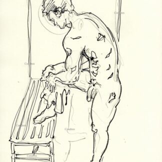 Gay naked male drying with a towel. Pen & ink figure drawing. He has a muscular body and a chiseled torso with a 6-pack set of abs and firm pecs.