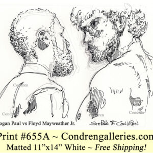 Logan Paul 655A vs Floyd Mayweather boxing match pen & ink celebrity drawing.