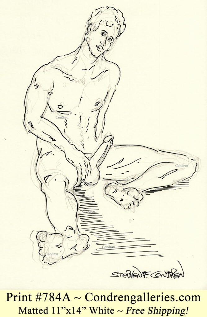 Hot nude male 784A with large hardon penis, fit torso, abs, and sexy 6-pack pen & ink gay figure drawing.