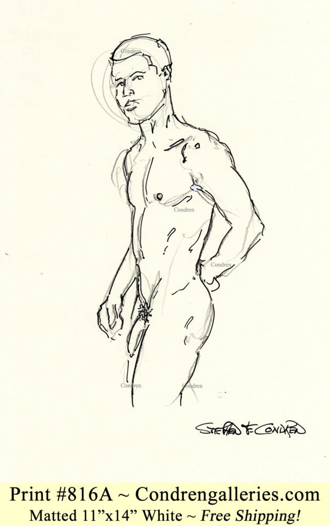 Nude male standing 814A with fit torso, sexy abs, buff 6-pack, and large uncut penis, pen & ink gay figure drawing.