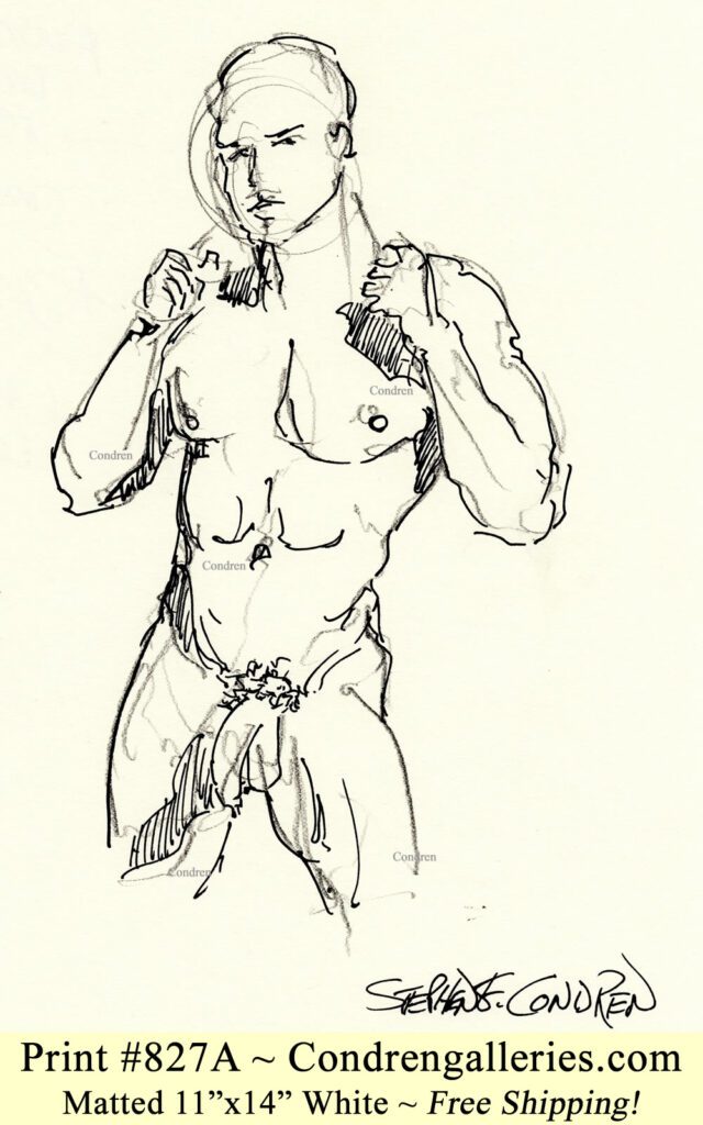 Nude male standing 827A with fit torso, sexy abs, buff 6-pack, and large uncut penis, pen & ink gay figure drawing.