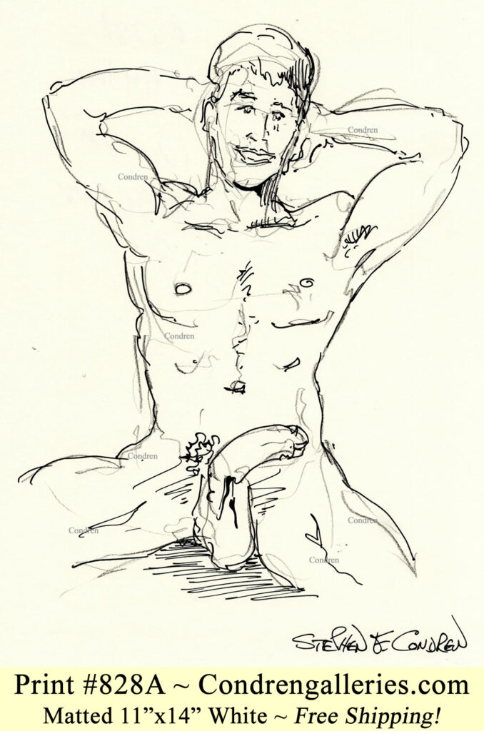 Nude male sitting 828A with fit torso, sexy abs, buff 6-pack, and large uncut penis, pen & ink gay figure drawing.
