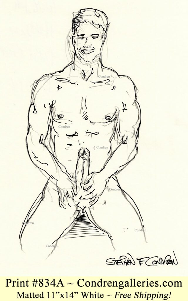 Nude male sitting 834A with fit torso, sexy abs, buff 6-pack, and large uncut penis, pen & ink gay figure drawing.