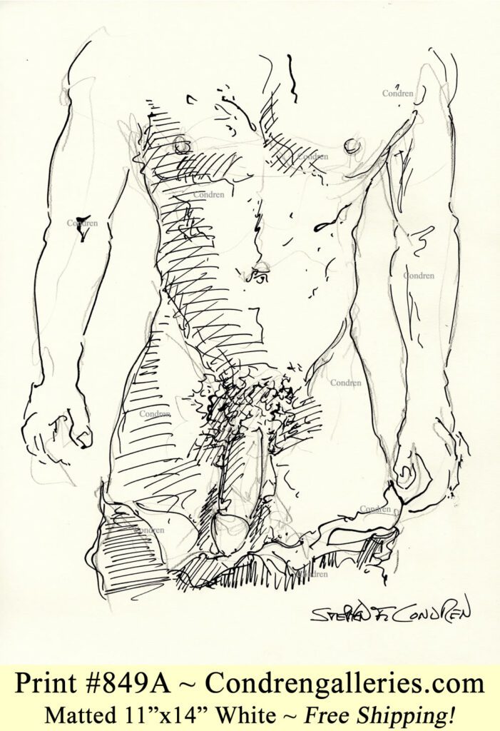 Nude male standing 849A exposing his large penis and big harry balls, with fit torso, abs, and sexy 6-pack, pen & ink gay figure drawing.