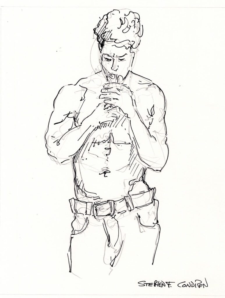 Shirtless male 727Z Pen & ink drawing of a shirtles male lighting-up.