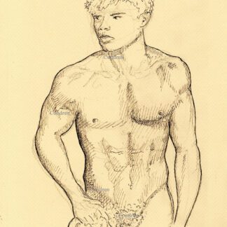 Pen & ink figure drawing of a hot nude male holding a bath towel. He has a muscular body and a cute face with firm pecs.
