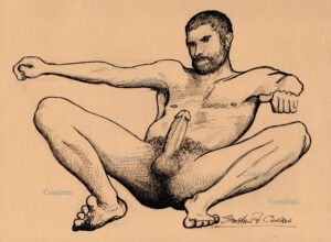 Nude male spreading legs exposing his large hardon cock with big hairy balls. Gay male pen & ink figure drawing.