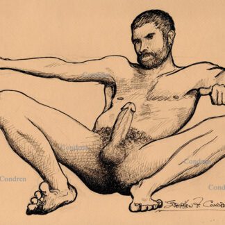 Nude male spreading legs exposing his large hardon cock with big hairy balls. Gay male pen & ink figure drawing.