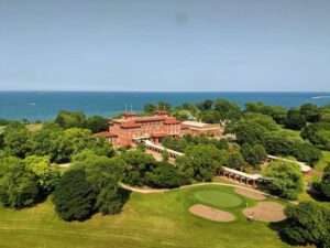 South Shore Country Club on the shores of Lake Michigan, Chicago. Aerial view photograph. 