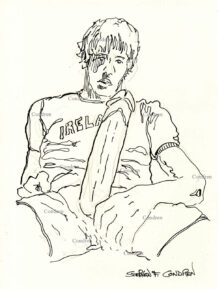 Hot gay boy holding big hardon cock in his hand, pen & ink male figure drawing. Gay orgy at gym. 