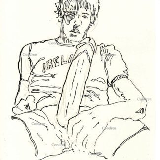 Hot gay boy holding big hardon cock in his hand, pen & ink male figure drawing.