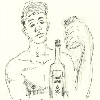 Naked drunk boy with a whiskey bottle has a chiseled torso, gay male pen & ink figure drawing.