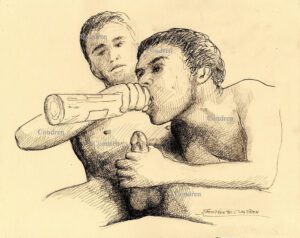 Naked drunk gay boys having sex while drinking booze from a bottle, pen & ink male figure drawing.