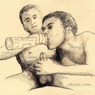 Naked drunk gay boys having sex while drinking booze from a bottle, pen & ink male figure drawing.