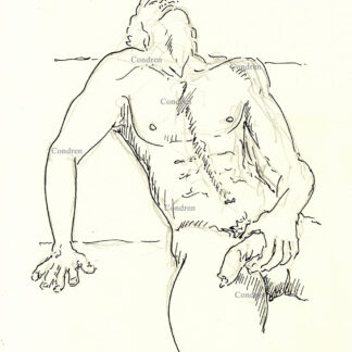 Naked boy after jacking off has a muscular body and chiseled torso, pen & ink gay male figure drawing.