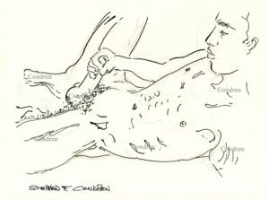 Naked gay boy stroking his big hard uncut cock and hairy balls, pen & ink male figure drawing.