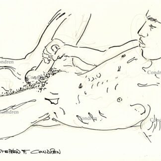 Naked gay boy stroking his big hard uncut cock and hairy balls, pen & ink male figure drawing.