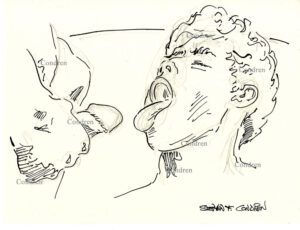 Gay dude facial with mouth and tongue wide opened for hot cum and jizz, pen & ink figure drawing. 