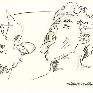 Gay dude facial with mouth and tongue wide opened for hot cum and jizz, pen & ink figure drawing.
