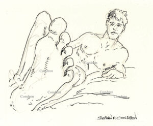 Naked gay foot boy with fit torso showing his feet, pen & ink gay male figure drawing.