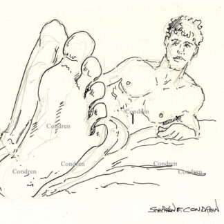 Naked gay foot boy with fit torso showing his feet, pen & ink gay male figure drawing.
