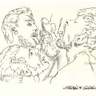 Cock sucking boys are naked licking up cum and jizz at an all-male gay orgy, pen & ink figure drawing.