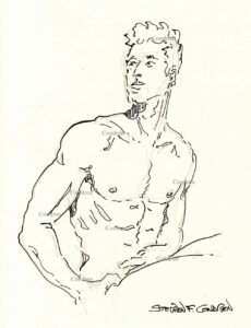 Nude gay male sitting with a fit muscular body and a chiseled torso, pen & ink figure drawing. Gay orgy at gym. 