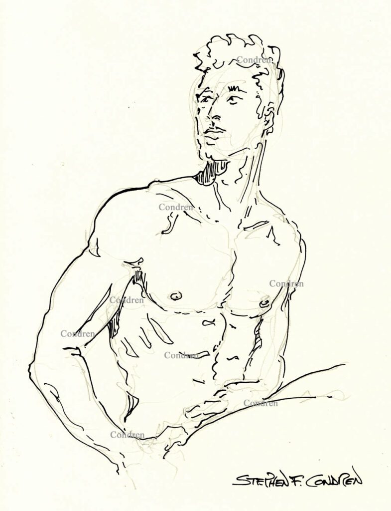 Nude gay male sitting with a fit muscular body and a chiseled torso, pen & ink figure drawing. Gay orgy in gym. 