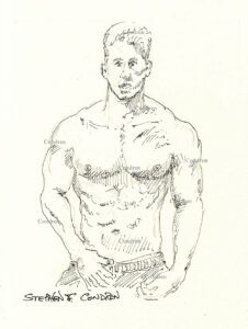 Shirtless male caught jacking off, pen & ink gay figure drawing. He has a muscular body and chiseled torso with large, developed pecs.